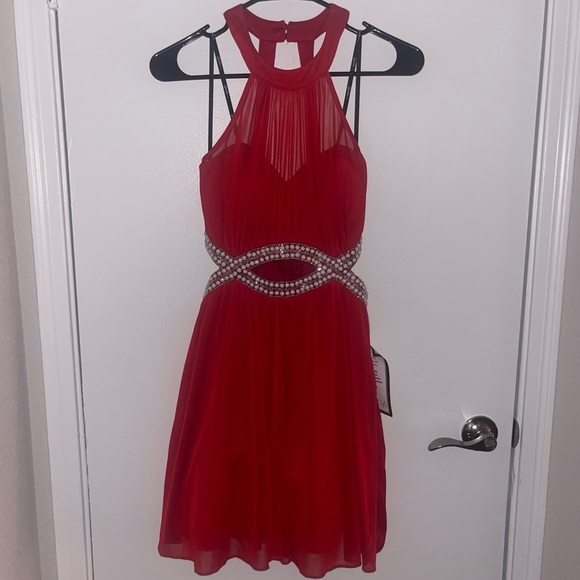 NWT Speechless Red Halter Fit & Flare Dress, Embellished Pearl Detail & Cutouts - Picture 2 of 5